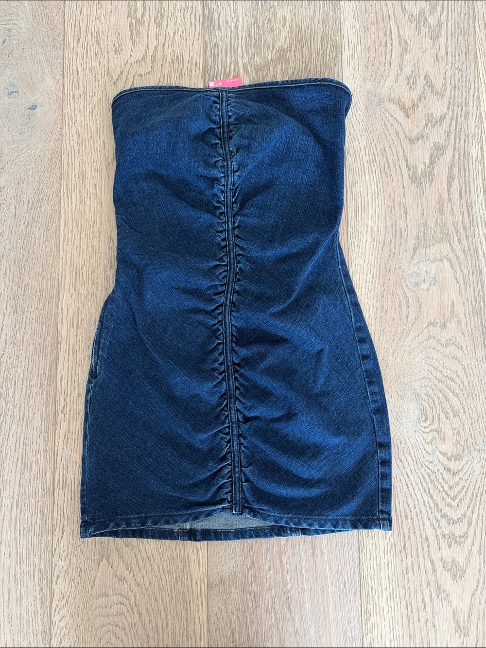 Edikted Dark Blue Denim Strapless Mini Dress with Exposed Zipper